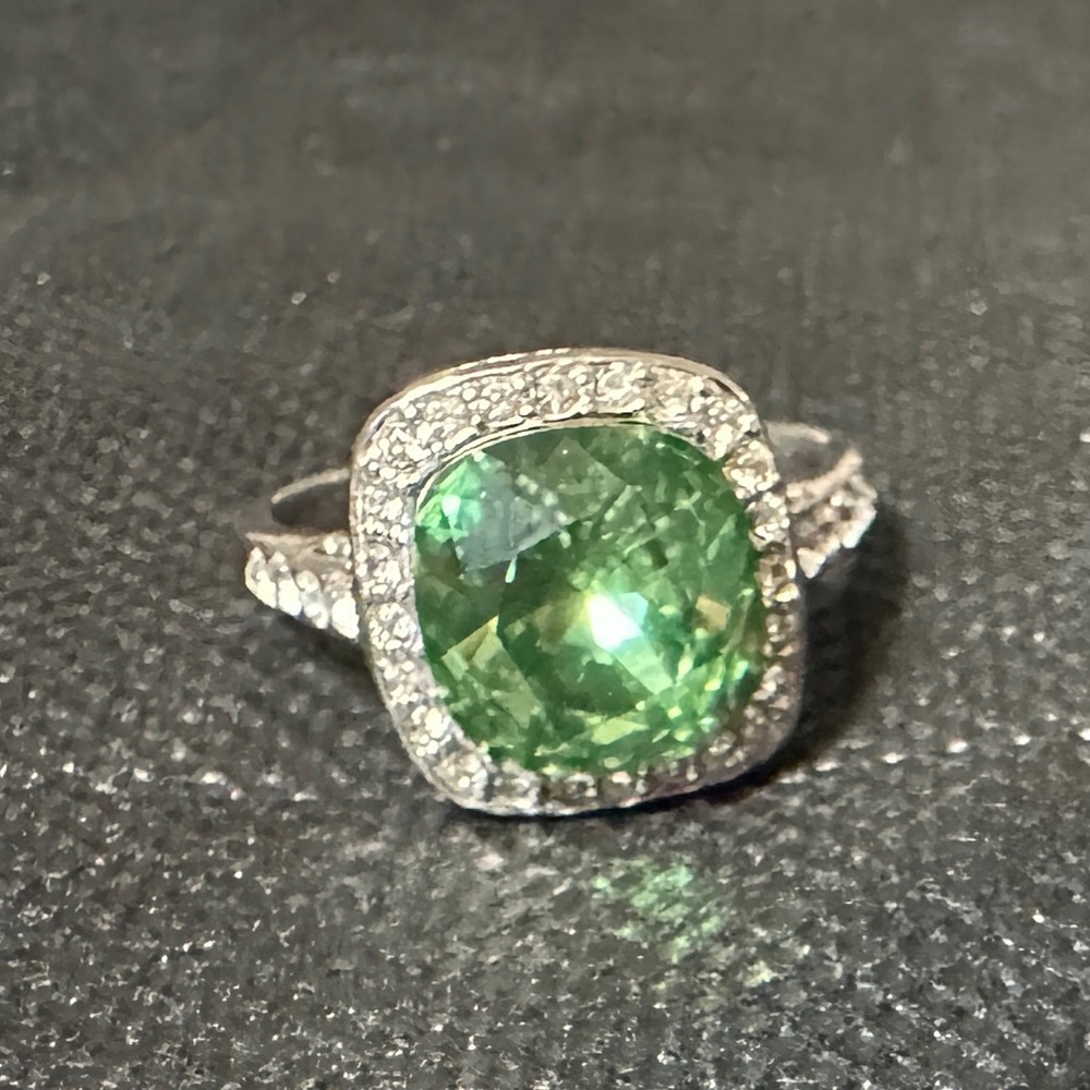 Silver Stainless Steel w Simulated Green Topaz Cushion Square CZ Ring Size 9